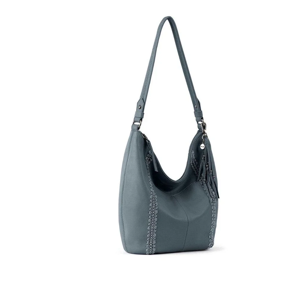 The Sak Sequoia Leather Hobo Bag in Dusty Blue Crochet